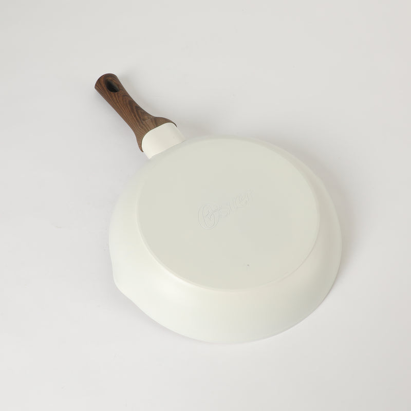 Oster Amberg Choice 9.5" Aluminum Frying Pan - Matte White - White Ceramic Interior - Wood Look Soft Touch Bakelite Handle - O/S - Color Label