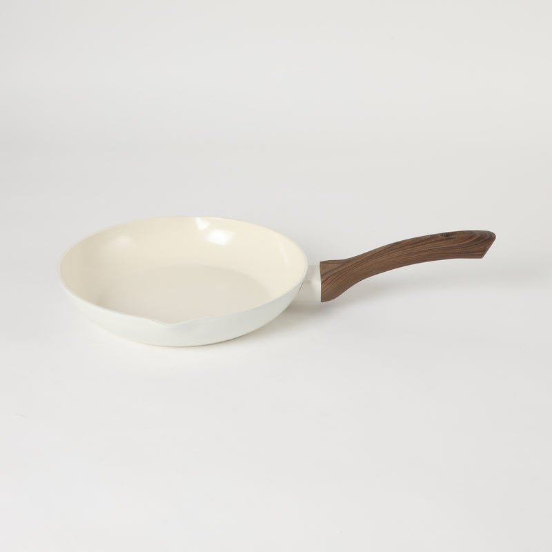 Oster Amberg Choice 9.5" Aluminum Frying Pan - Matte White - White Ceramic Interior - Wood Look Soft Touch Bakelite Handle - O/S - Color Label
