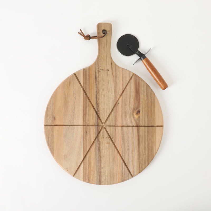 Gibson Elite Gracious Dining Pizza Cutter w/ Leather Hang Rope Serving Board - Black Coating Blade - Acacia Handle - Clam Pack w/ Window Box
