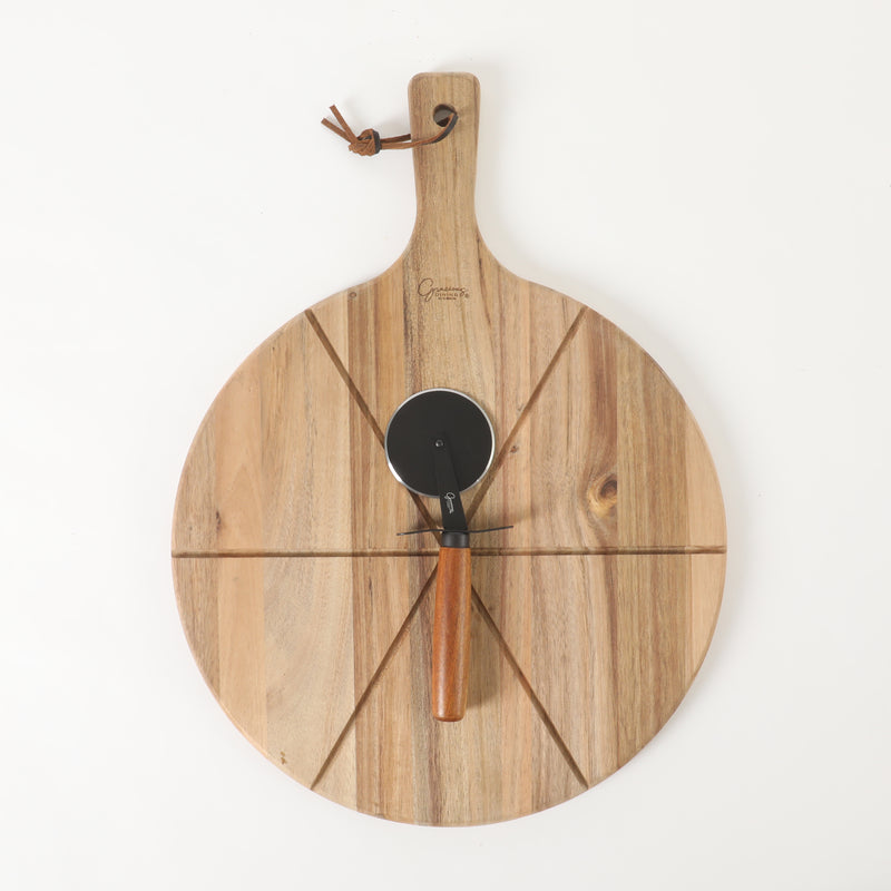 Gibson Elite Gracious Dining Pizza Cutter w/ Leather Hang Rope Serving Board - Black Coating Blade - Acacia Handle - Clam Pack w/ Window Box