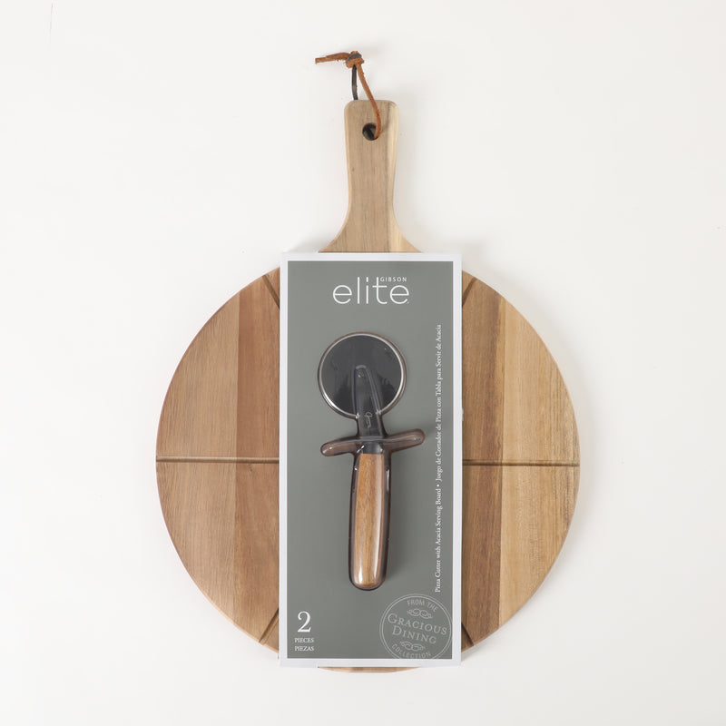 Gibson Elite Gracious Dining Pizza Cutter w/ Leather Hang Rope Serving Board - Black Coating Blade - Acacia Handle - Clam Pack w/ Window Box