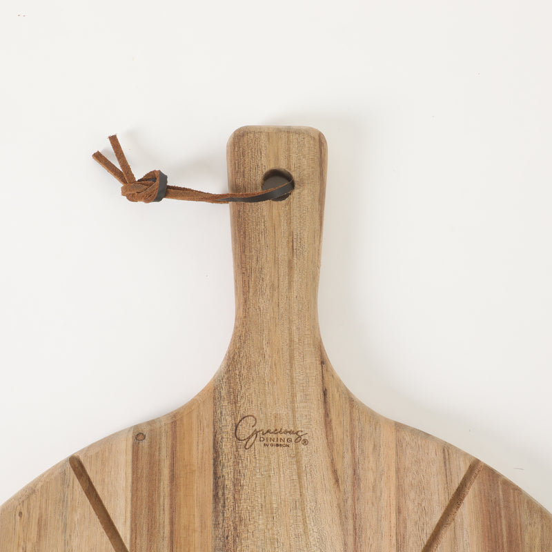 Gibson Elite Gracious Dining Pizza Cutter w/ Leather Hang Rope Serving Board - Black Coating Blade - Acacia Handle - Clam Pack w/ Window Box