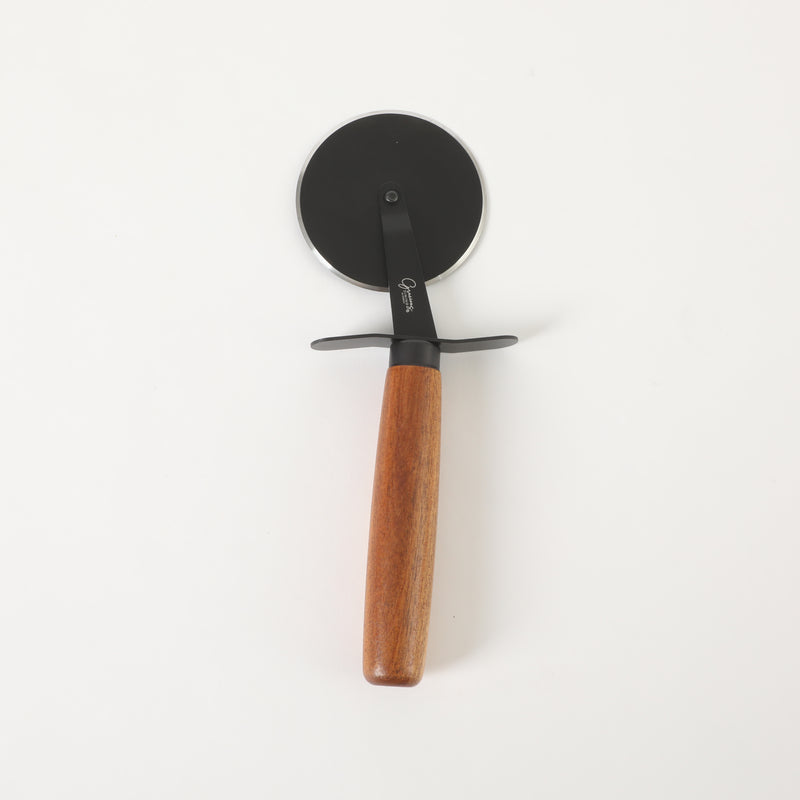 Gibson Elite Gracious Dining Pizza Cutter w/ Leather Hang Rope Serving Board - Black Coating Blade - Acacia Handle - Clam Pack w/ Window Box
