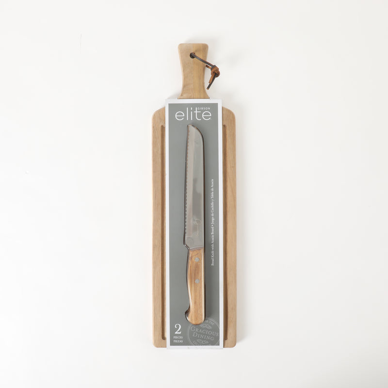 Gibson Elite Gracious Dining Bread Knife w/ Acacia Wood Board - Acacia Handle - Clam Pack w/ Window Box