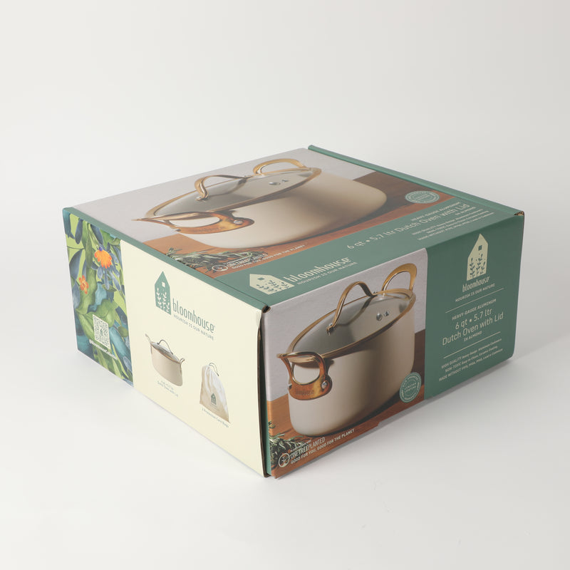 Bloomhouse 6qt Aluminum Dutch Oven w/ Lid - Linen - Taupe Ceramic Interior - Nonstick - Induction - Cast Stainless Steel Gold PVD Handle - Gift Box w/ Remailer