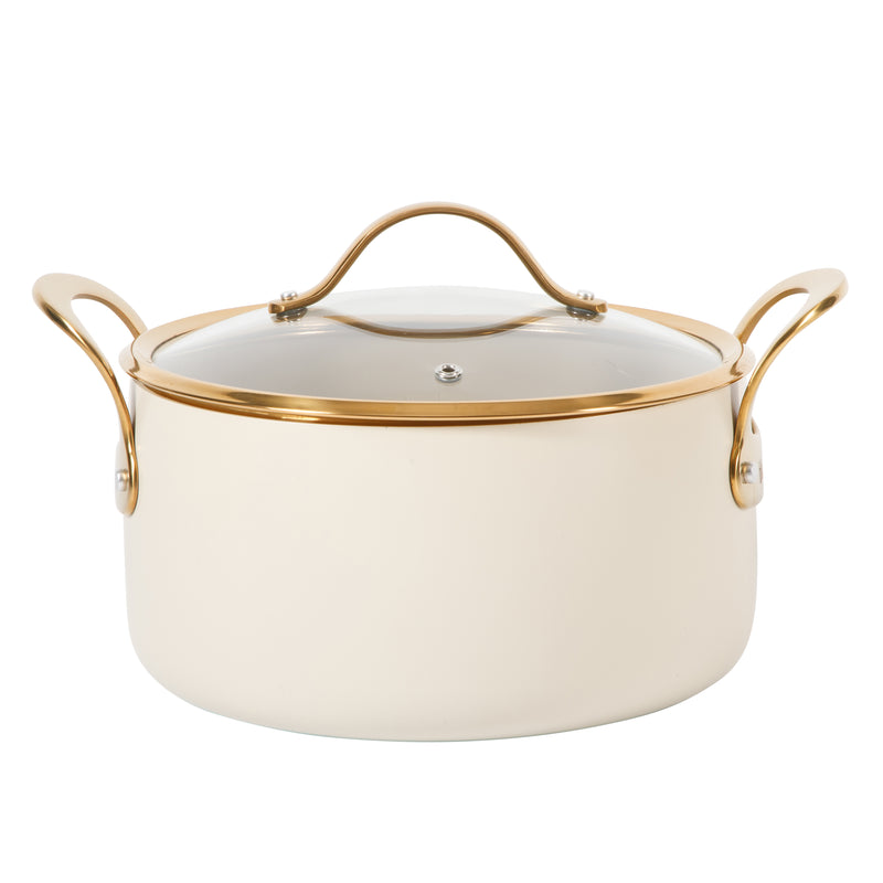 Bloomhouse 6qt Aluminum Dutch Oven w/ Lid - Linen - Taupe Ceramic Interior - Nonstick - Induction - Cast Stainless Steel Gold PVD Handle - Gift Box w/ Remailer