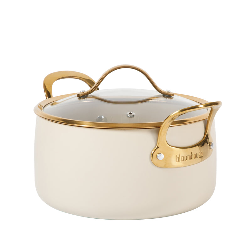 Bloomhouse 6qt Aluminum Dutch Oven w/ Lid - Linen - Taupe Ceramic Interior - Nonstick - Induction - Cast Stainless Steel Gold PVD Handle - Gift Box w/ Remailer