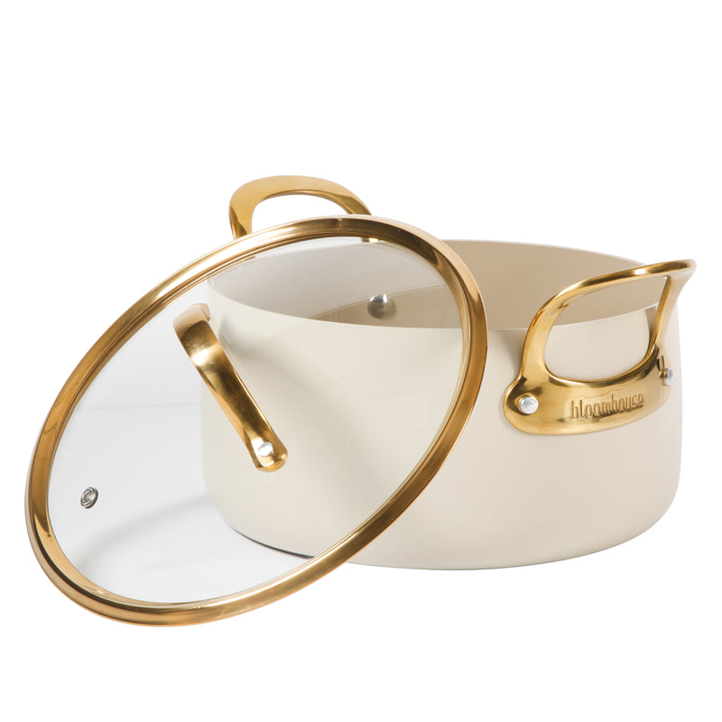 Bloomhouse 6qt Aluminum Dutch Oven w/ Lid - Linen - Taupe Ceramic Interior - Nonstick - Induction - Cast Stainless Steel Gold PVD Handle - Gift Box w/ Remailer