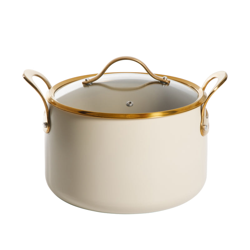 Bloomhouse 8qt Aluminum Stockpot w/ Lid - Linen - Taupe Ceramic Int - Nonstick - Induction - Cast SS Gold PVD Handle - GBX w/ RM