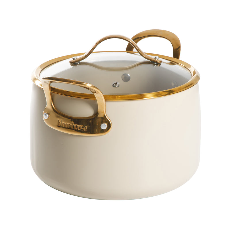Bloomhouse 8qt Aluminum Stockpot w/ Lid - Linen - Taupe Ceramic Int - Nonstick - Induction - Cast SS Gold PVD Handle - GBX w/ RM