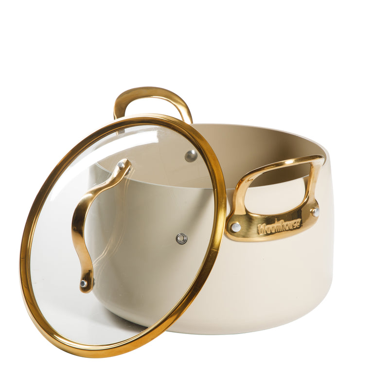 Bloomhouse 8qt Aluminum Stockpot w/ Lid - Linen - Taupe Ceramic Int - Nonstick - Induction - Cast SS Gold PVD Handle - GBX w/ RM