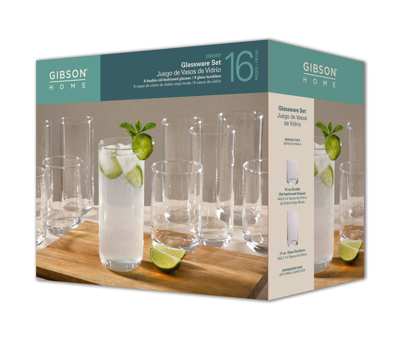 Gibson Home Emory 16pc Tumbler & DOF Set - Clear - Glassware - Gift Box