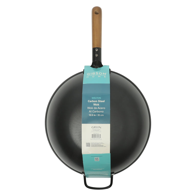 Gibson Home Welton 13.5" Carbon Steel Wok - Black - Wood Handle - Color Sleeve