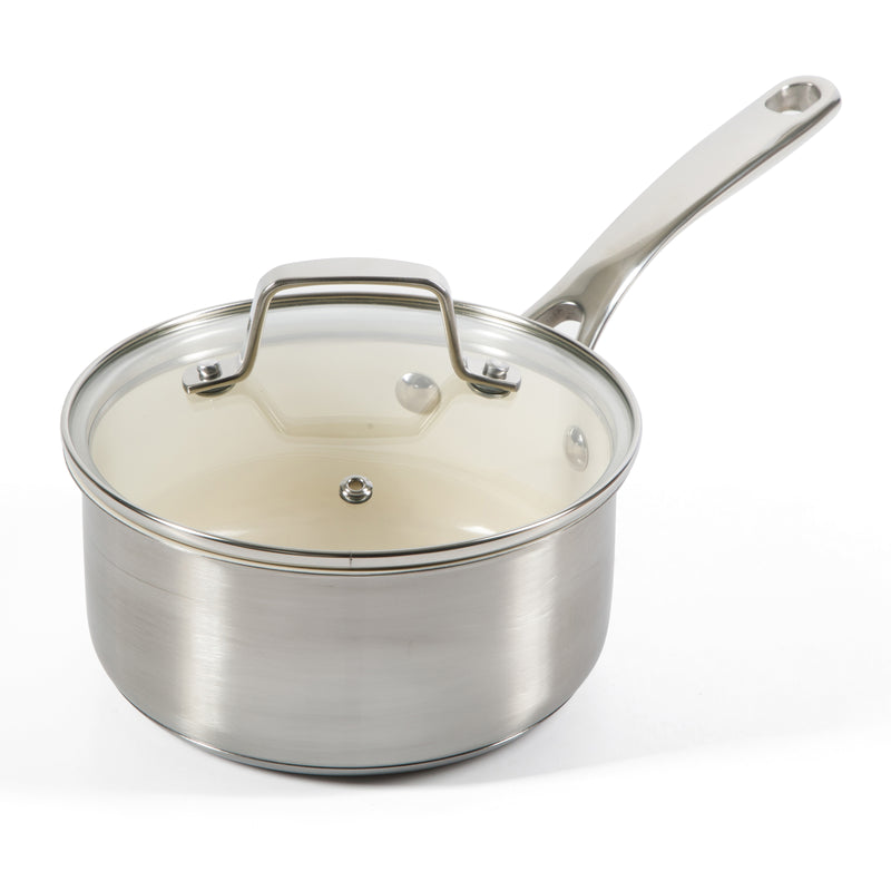 Martha Stewart Everyday Midvale 8pc Stainless Steel Cookware Set w/ Kitchen Tools - White Ceramic Interior - Gift Box w/ Remailer