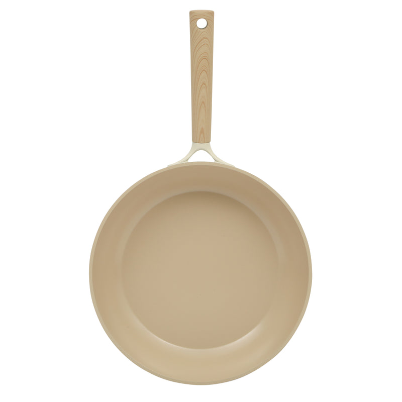 Gibson Elite Folkstone 12" Cast Aluminum Frying Pan - Linen - Nonstick Ceramic Interior - Induction Base - Wood Look Soft Touch Handle - Color Sleeve