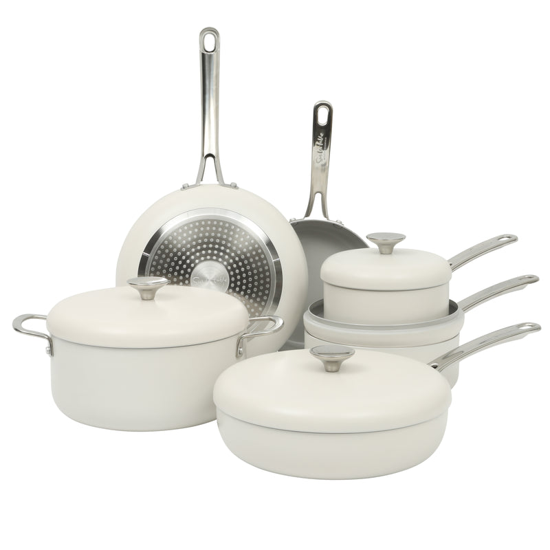 Sur la Table Kitchen Essentials Potluck Porch 10pc Aluminum Cookware Set w/ Aluminum Lid - Ceramic Interior - Induction Base - Stainless Steel Hollow Handle - Gift Box w/ Remailer