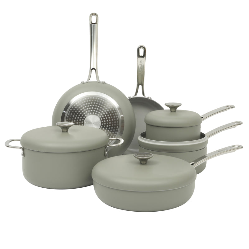 Sur la Table Kitchen Essentials Potluck Porch 10pc Aluminum Cookware Set w/ Aluminum Lid - Ceramic Interior - Induction Base - Stainless Steel Hollow Handle - Gift Box w/ Remailer