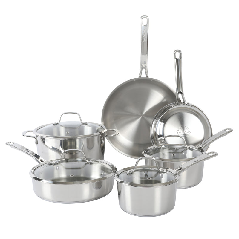 Sur la Table Kitchen Essentials Chef's Deck 10pc Stainless Steel Cookware Set - Polish Ext - Impact Bonded Base - SS Hollow Handle - GBX w/ Remailer