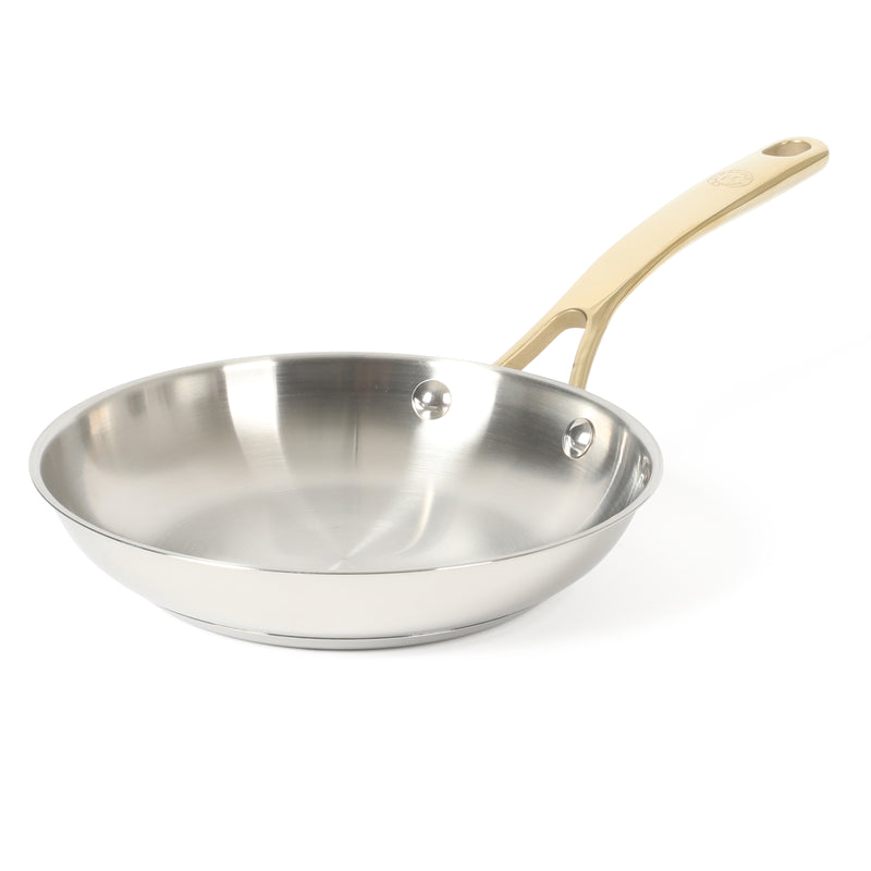Martha Stewart Castelle 8" Stainless Steel Frying Pan - Satin Polish Interior- Gold PVD Handle - Impact Bonded Base - Color Sleeve