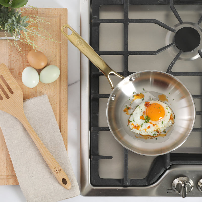 Martha Stewart Castelle 8" Stainless Steel Frying Pan - Satin Polish Interior- Gold PVD Handle - Impact Bonded Base - Color Sleeve