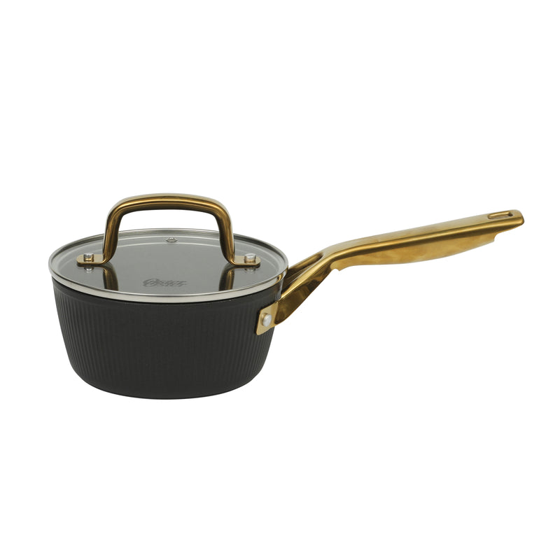 Oster Abbottsford 2.5qt Aluminum Saucepan w/ Flat Glass Lid - Matte Black Stripe - Nonstick - CD Bottom - Stainless Steel Gold Handle - Color Sleeve