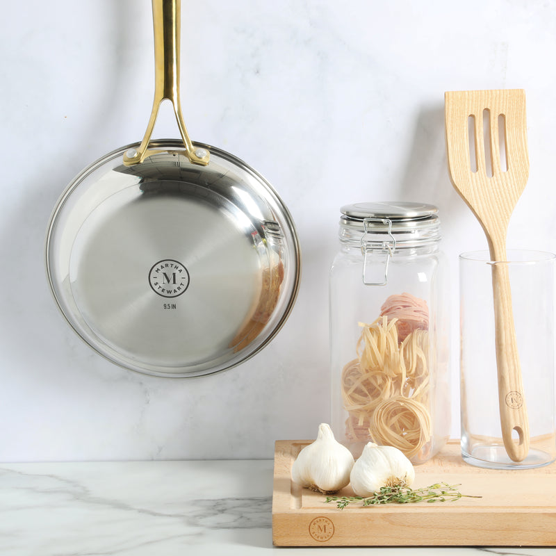 Martha Stewart Castelle 9.5" Stainless Steel Frying Pan - Satin Polish Interior - Gold PVD Handle - Impact Bonded Base - Color Sleeve