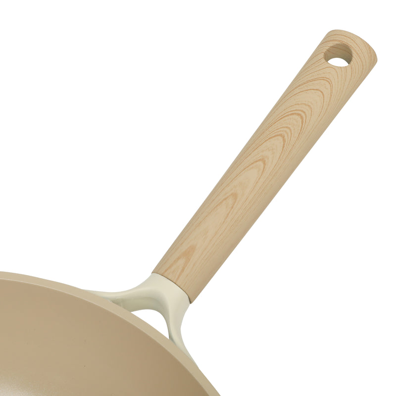 Gibson Elite Folkstone 10" Cast Aluminum Frying Pan - Linen- Nonstick Ceramic Interior - Induction Base - Wood Look Soft Touch Handle - Color Sleeve
