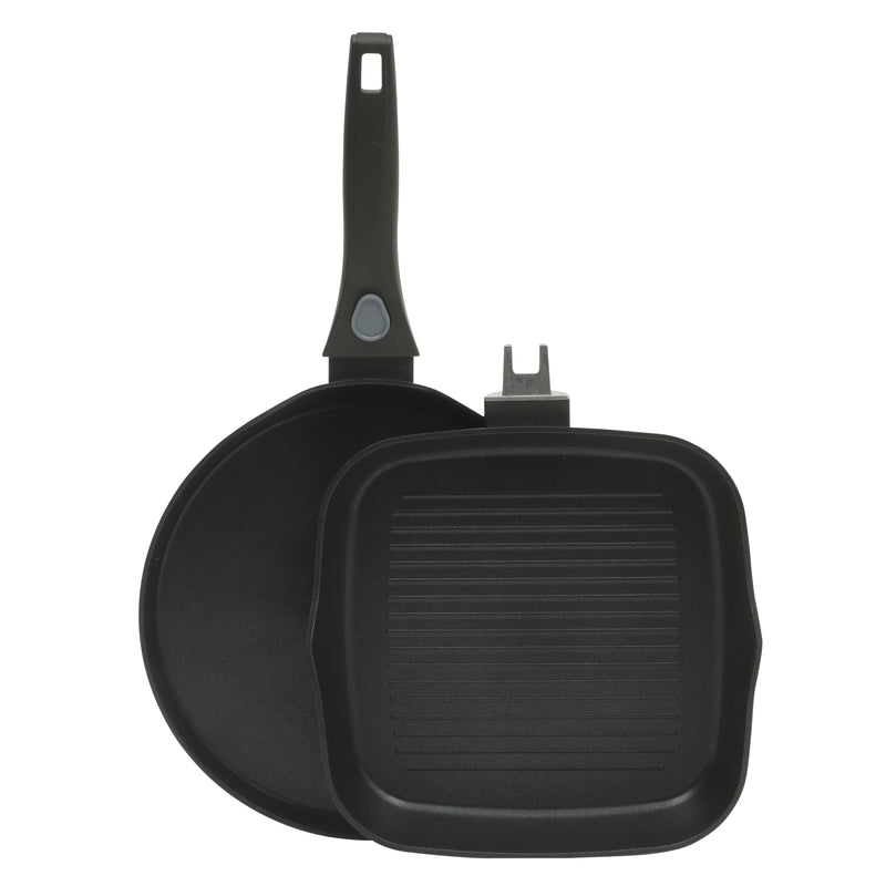 Oster Smarthandle Advance 3 pc Forged Aluminum 10" Round Pancake Pan & 9.5" Square Grill w/ Detachable Handle - Matte Black - Non-Stick Interior - Induction Base - Bakelite Handle - Gift Box (Open Window)