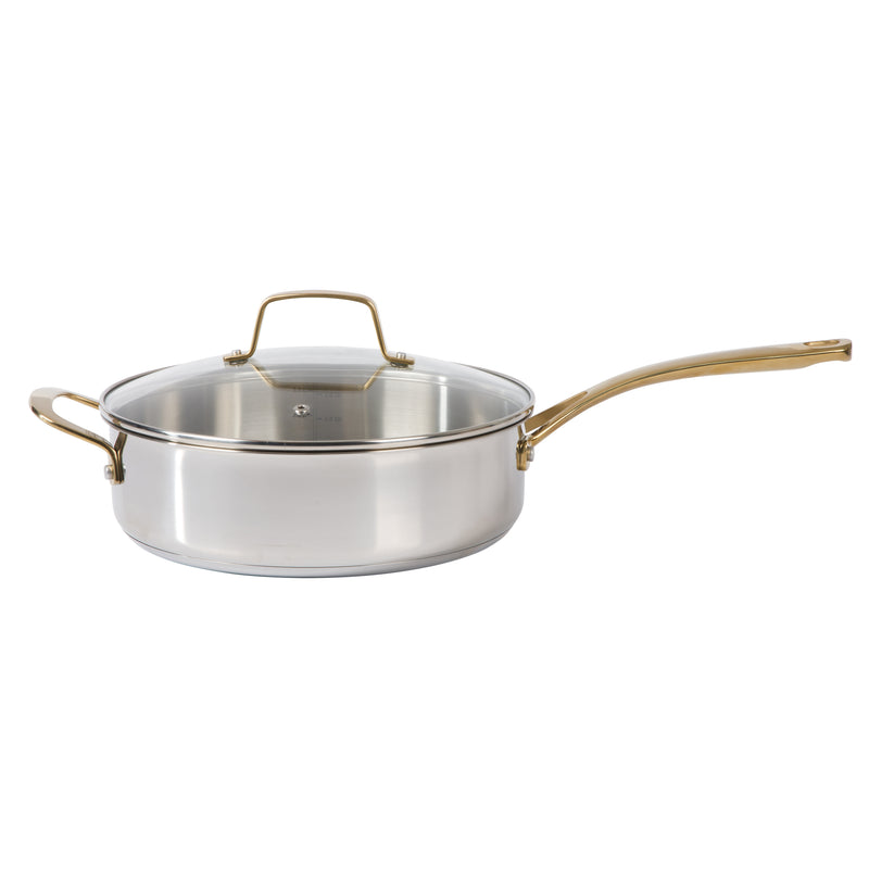 Martha Stewart Castelle 4.2 qt Stainless Steel Sauté Pan w/ Lid - Satin Polish Interior- Gold PVD Handle - Impact Bonded Base - Color Sleeve
