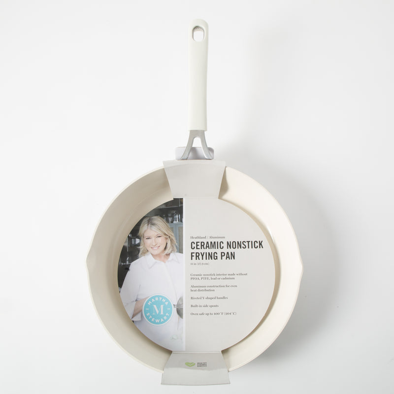 Martha Stewart 11" Heathland Aluminum Frying Pan - Linen - Taper Shape - Off White Ceramic Interior - Induction - Silicone Handle - Color Sleeve