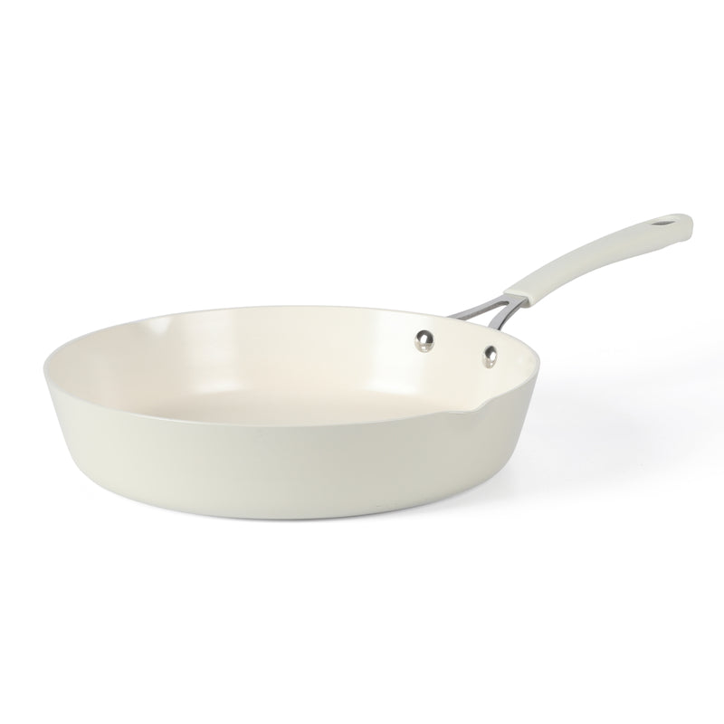 Martha Stewart 11" Heathland Aluminum Frying Pan - Linen - Taper Shape - Off White Ceramic Interior - Induction - Silicone Handle - Color Sleeve