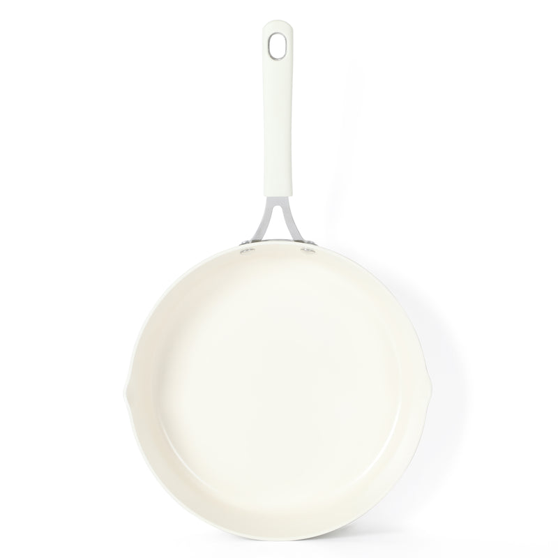 Martha Stewart 11" Heathland Aluminum Frying Pan - Linen - Taper Shape - Off White Ceramic Interior - Induction - Silicone Handle - Color Sleeve