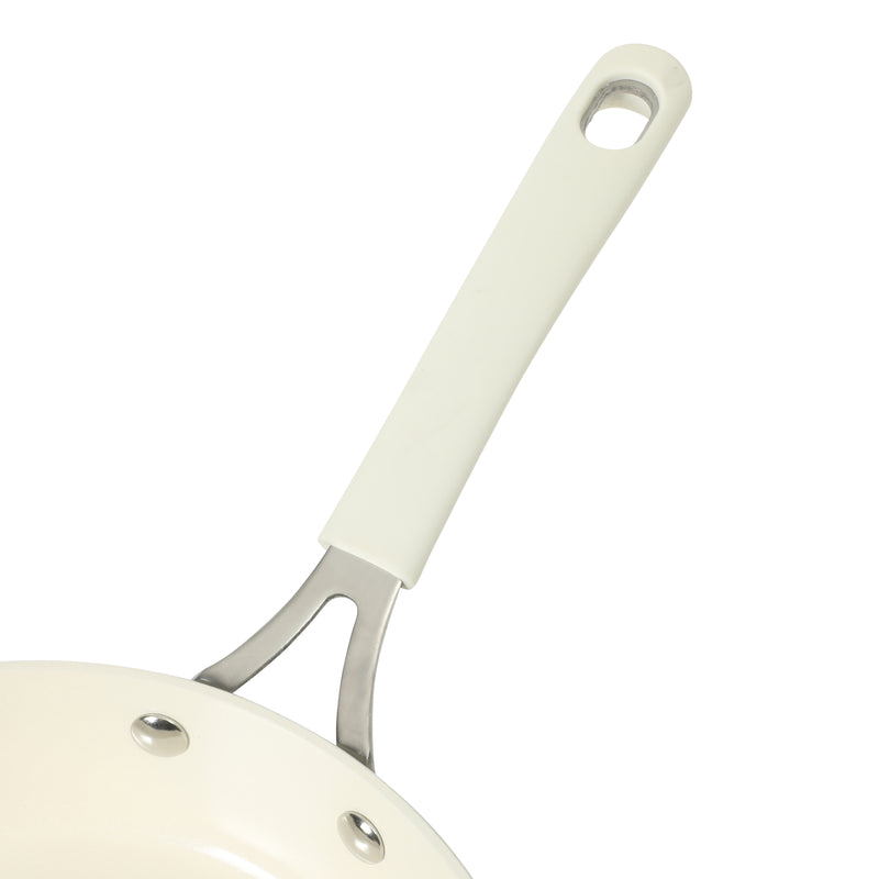 Martha Stewart 9.5" Heathland Aluminum Frying Pan - Linen - Taper Shape - Off White Ceramic Interior - Induction - Silicone Handle - Color Sleeve