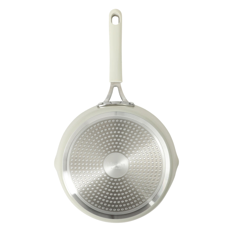Martha Stewart 9.5" Heathland Aluminum Frying Pan - Linen - Taper Shape - Off White Ceramic Interior - Induction - Silicone Handle - Color Sleeve