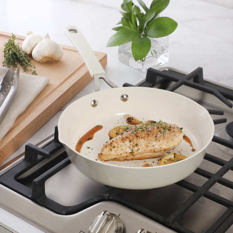 Martha Stewart 9.5" Heathland Aluminum Frying Pan - Linen - Taper Shape - Off White Ceramic Interior - Induction - Silicone Handle - Color Sleeve