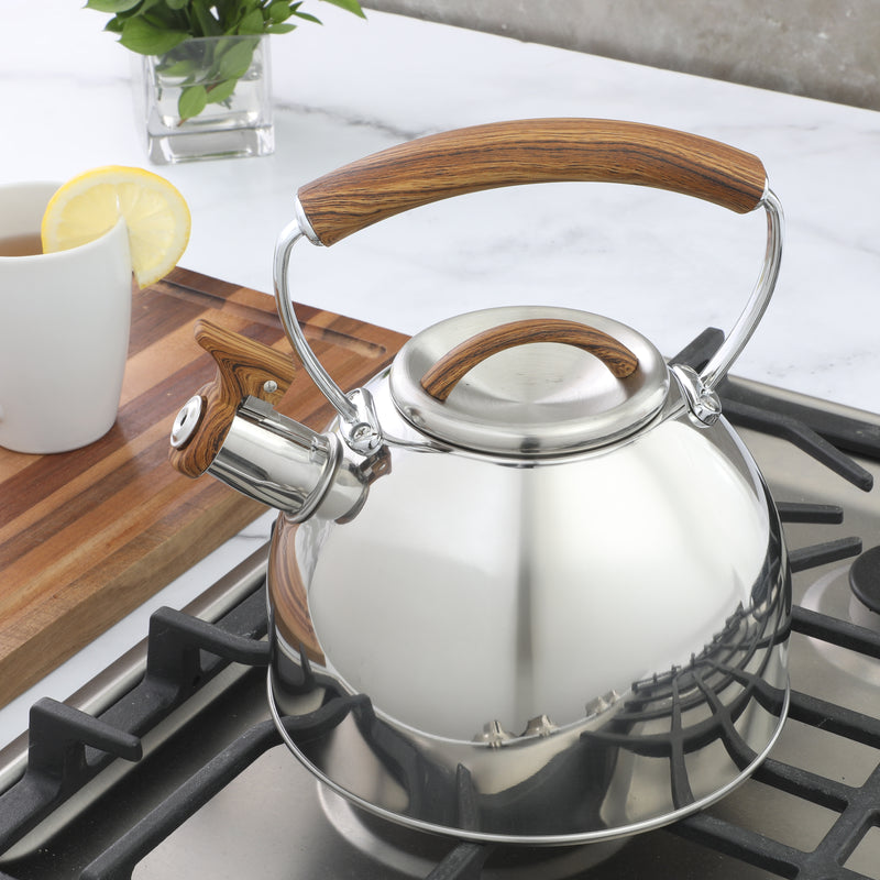 Mr. Coffee Fremont 2qt Stainless Steel Tea Kettle - Metallic Polished - Wood Look Handle - Gift Box w/ Hang Tag