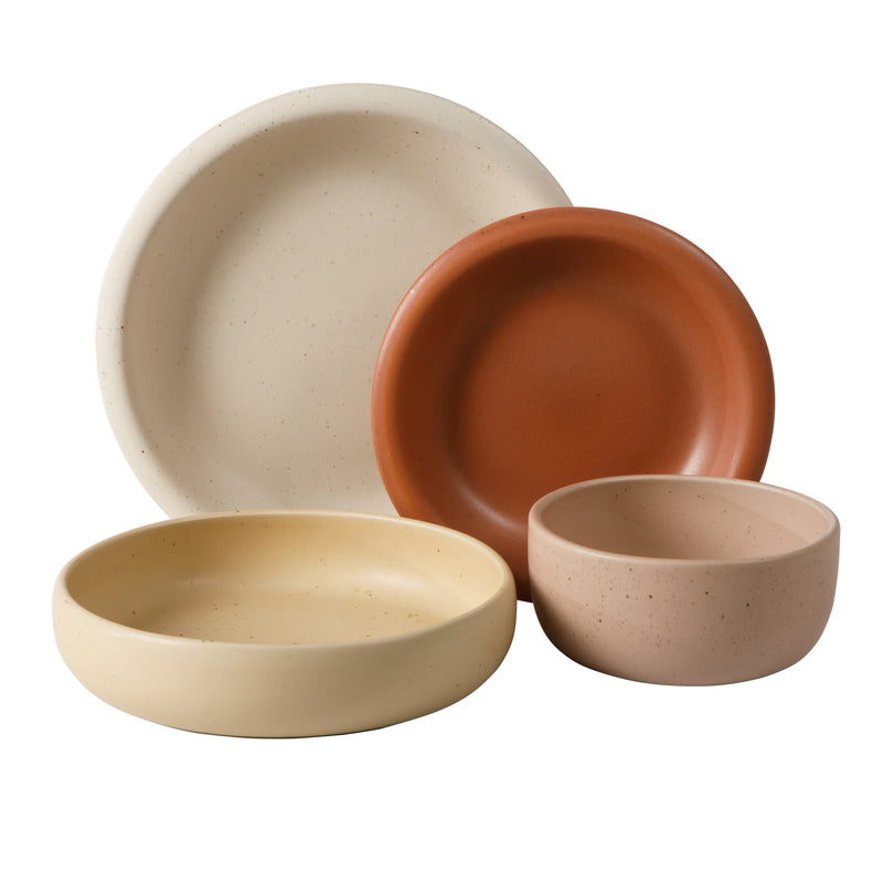 Bloomhouse Corsica Clay 16pc Double Bowl Dinnerware Set - 4 Assorted Colors - Reactive Glaze - Stoneware - Gift Box w/ /Remailer