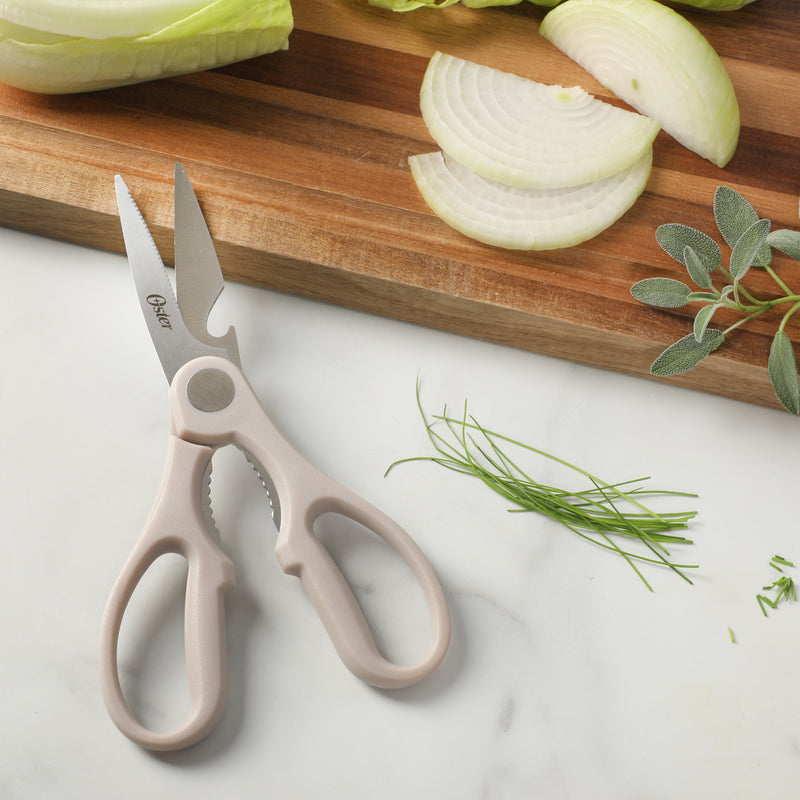 Oster Gunderson 2pc 6" Cleaver & Scissors Set - Taupe - Textured Blade - Non Stick - PP Wood Look Soft Touch Handle - Clam Pack
