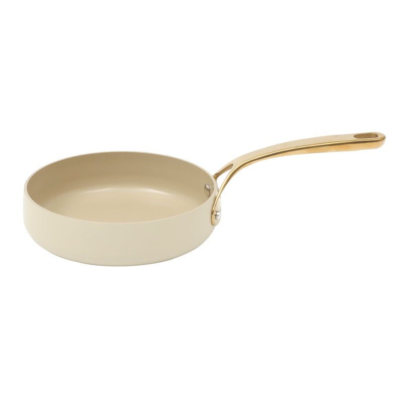 Bloomhouse 8pc Aluminum Cookware Set - Linen - Taupe Ceramic Interior - Nonstick - Gold PVD Stainless Steel Rim Glass Lid - Induction - Cast Stainless Steel Gold PVD Handle - Gift Box w/ Remailer
