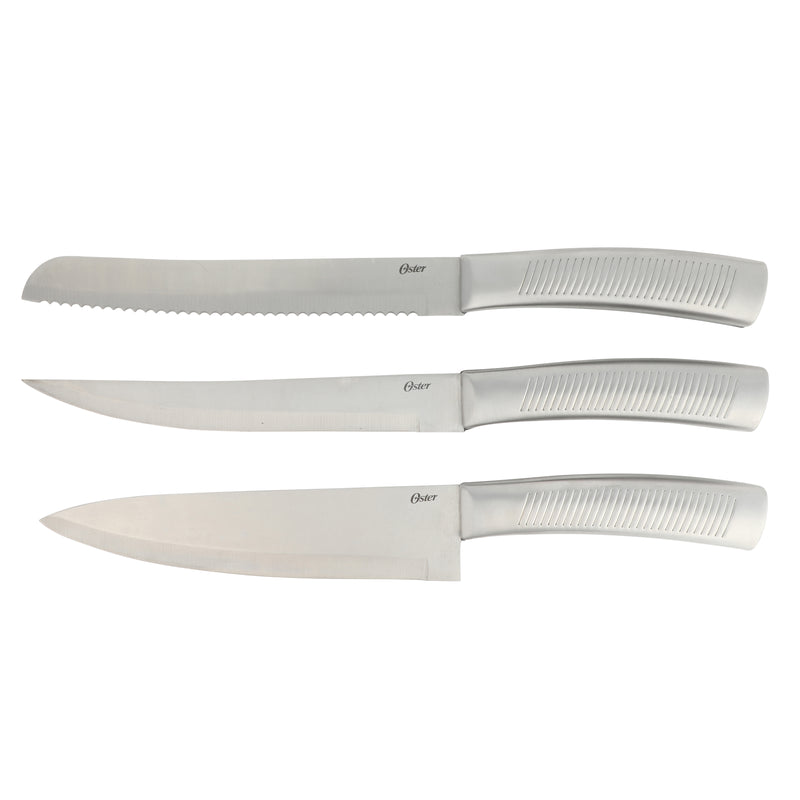 Oster Eddington 16pc Stainless Steel Cutlery Set w/ Black Wood Block - Textured Ridged Handle - GBX