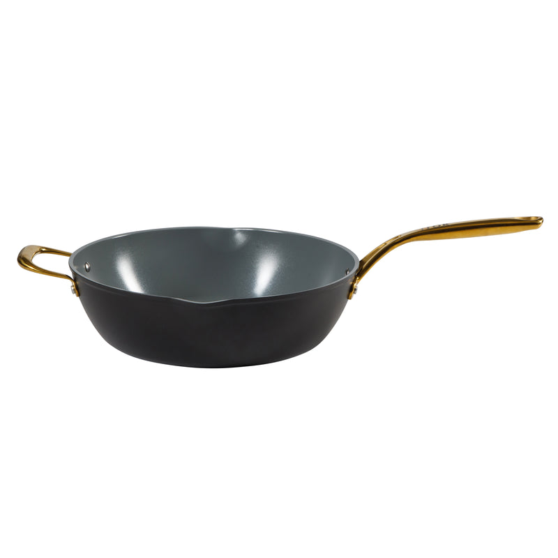 Frok 13" Forged Aluminum Frok (Fry Pan / Wok Hybrid) w/ Aluminum Lid - Grey Ceramic Nonstick Int - Heat Resist Ext - Induction Base - Cast SS W/ Gold Pvd Handle - Forged Al - Color Label w/ Remailer