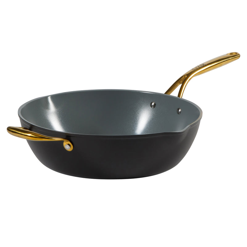 Frok 13" Forged Aluminum Frok (Fry Pan / Wok Hybrid) w/ Aluminum Lid - Grey Ceramic Nonstick Int - Heat Resist Ext - Induction Base - Cast SS W/ Gold Pvd Handle - Forged Al - Color Label w/ Remailer
