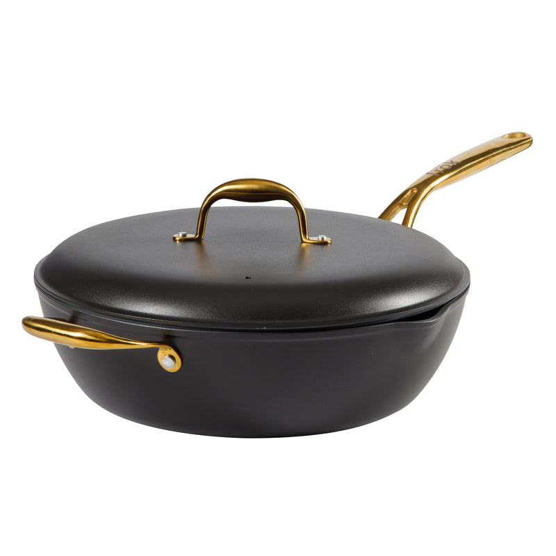 Frok 13" Forged Aluminum Frok (Fry Pan / Wok Hybrid) w/ Aluminum Lid - Grey Ceramic Nonstick Int - Heat Resist Ext - Induction Base - Cast SS W/ Gold Pvd Handle - Forged Al - Color Label w/ Remailer
