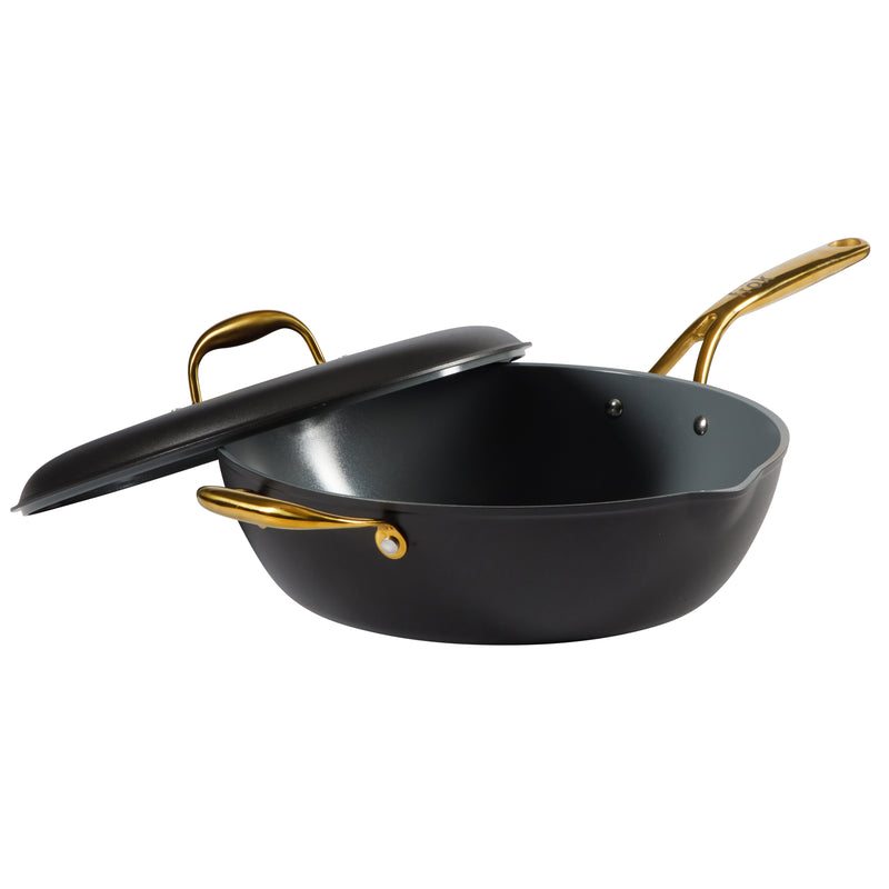 Frok 13" Forged Aluminum Frok (Fry Pan / Wok Hybrid) w/ Aluminum Lid - Grey Ceramic Nonstick Int - Heat Resist Ext - Induction Base - Cast SS W/ Gold Pvd Handle - Forged Al - Color Label w/ Remailer