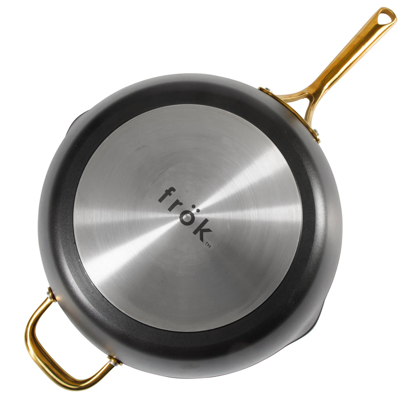 Frok 13" Forged Aluminum Frok (Fry Pan / Wok Hybrid) w/ Aluminum Lid - Grey Ceramic Nonstick Int - Heat Resist Ext - Induction Base - Cast SS W/ Gold Pvd Handle - Forged Al - Color Label w/ Remailer