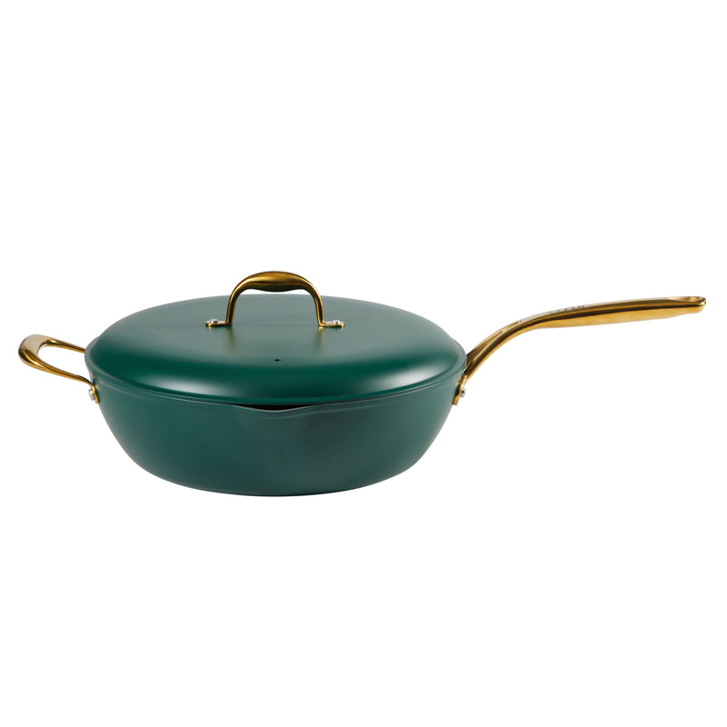 Frok 13" Forged Aluminum Frok (Fry Pan / Wok Hybrid) w/ Aluminum Lid - Grey Ceramic Nonstick Int - Heat Resist Ext - Induction Base - Cast SS W/ Gold Pvd Handle - Forged Al - Color Label w/ Remailer