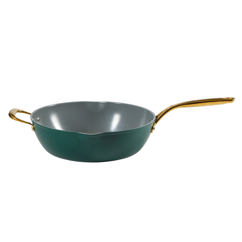 Frok 13" Forged Aluminum Frok (Fry Pan / Wok Hybrid) w/ Aluminum Lid - Grey Ceramic Nonstick Int - Heat Resist Ext - Induction Base - Cast SS W/ Gold Pvd Handle - Forged Al - Color Label w/ Remailer