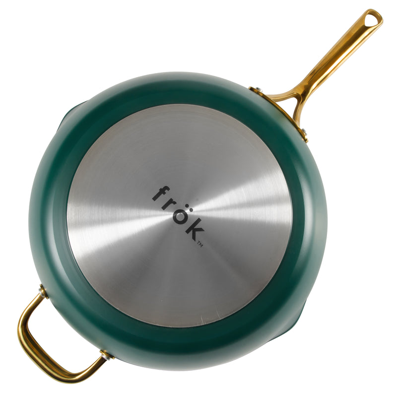 Frok 13" Forged Aluminum Frok (Fry Pan / Wok Hybrid) w/ Aluminum Lid - Grey Ceramic Nonstick Int - Heat Resist Ext - Induction Base - Cast SS W/ Gold Pvd Handle - Forged Al - Color Label w/ Remailer