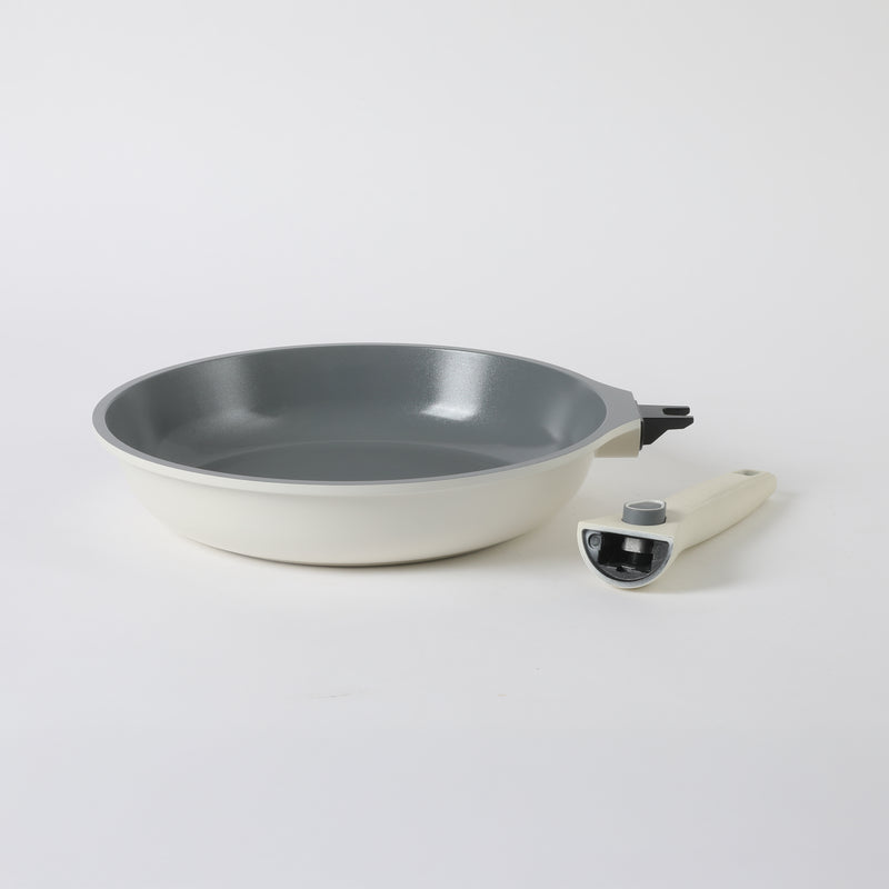 Sur La Table Kitchen Essentials Craft Studio 4pc Aluminum Frying Pan Set - Ceramic Non-Stick Interior - Induction Base - Soft Touch Detachable Handle - Gift Box w/ Remailer (Open Window)