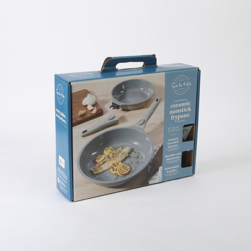 Sur La Table Kitchen Essentials Craft Studio 4pc Aluminum Frying Pan Set - Ceramic Non-Stick Interior - Induction Base - Soft Touch Detachable Handle - Gift Box w/ Remailer (Open Window)